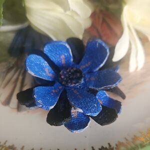 FREE Genuine Leather Hand Crafted Blue &Black Floral Pet Collar Flower Charm NEW